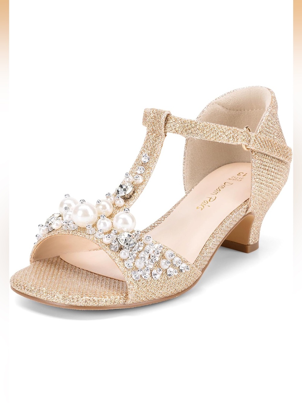 Dream Pairs Gold Glitter T-Strap Sandals with Pearls